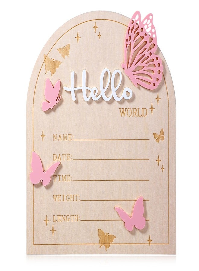 Ajcotahm Hello World Newborn Sign, 5.83 × 6.97 Inch Pink Butterfly Baby Announcement Sign Wooden Birth Welcome Board for Newborn Boys Girls Photo Props Baby Shower Hospital Nursery - Image 1